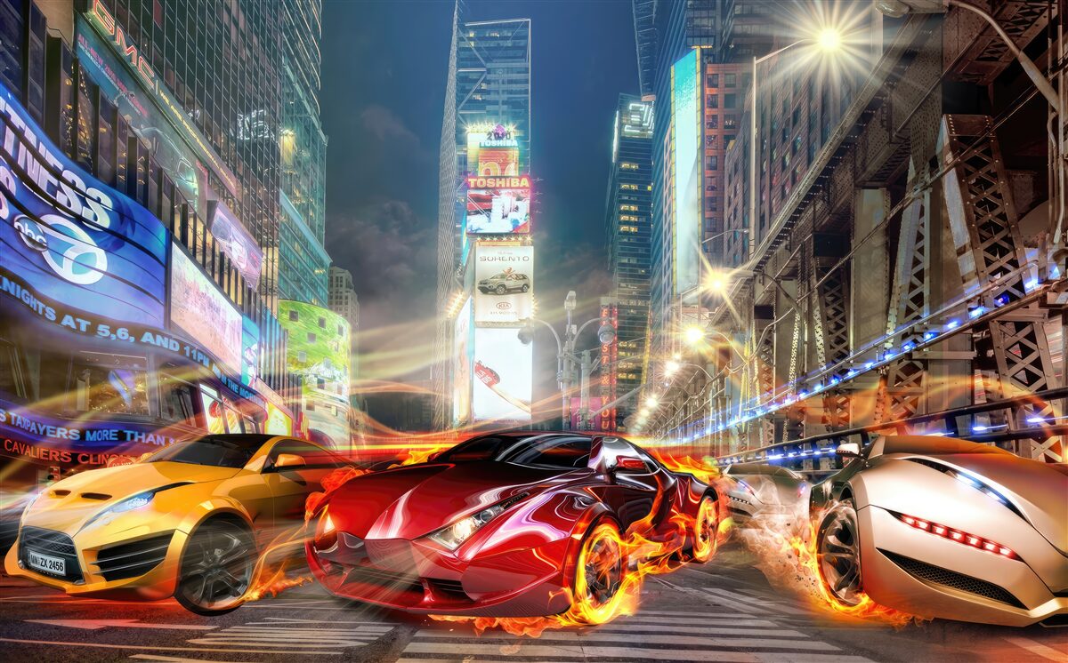 Fototapet mașini sport pe străzile orașului