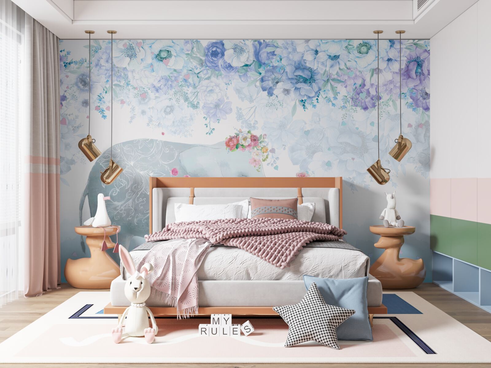 Fototapet elefant cu copil printre flori