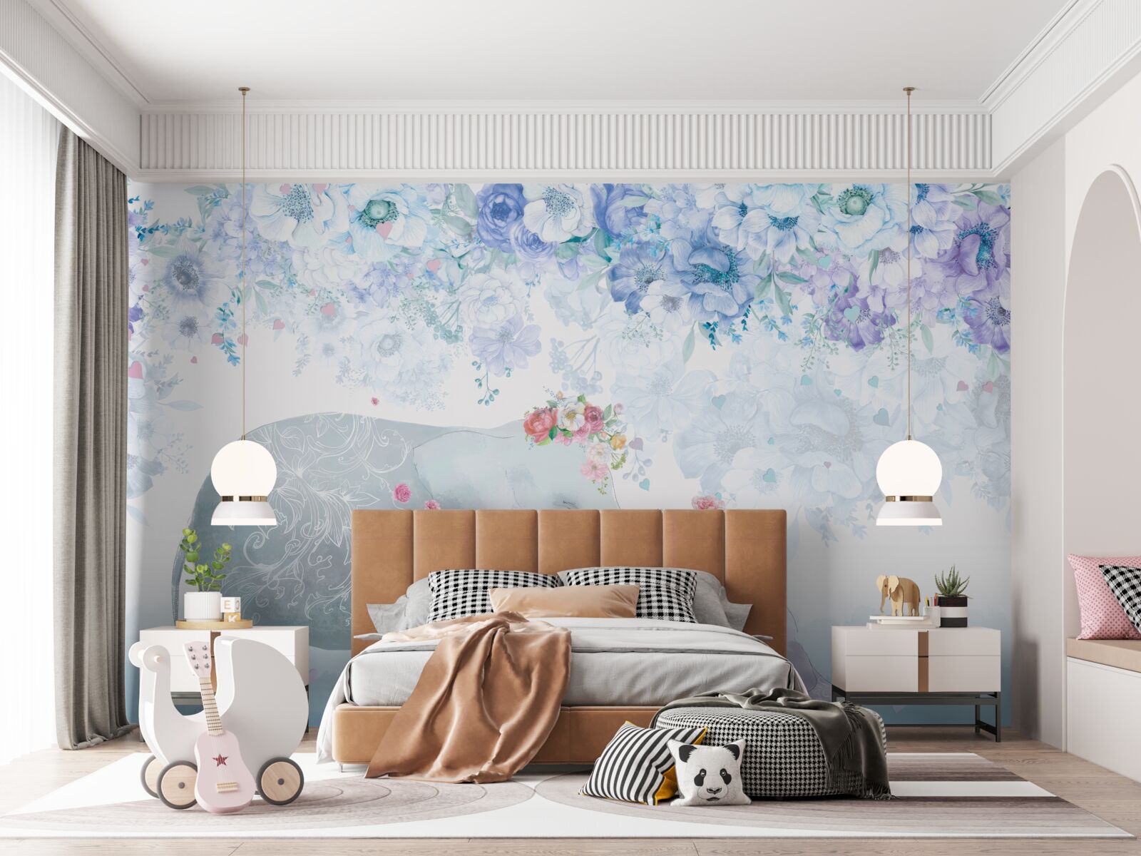 Fototapet elefant cu copil printre flori