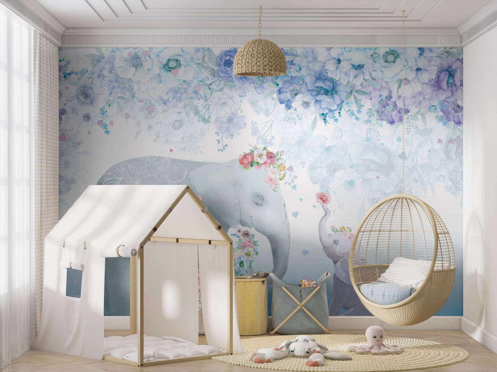 Fototapet elefant cu copil printre flori