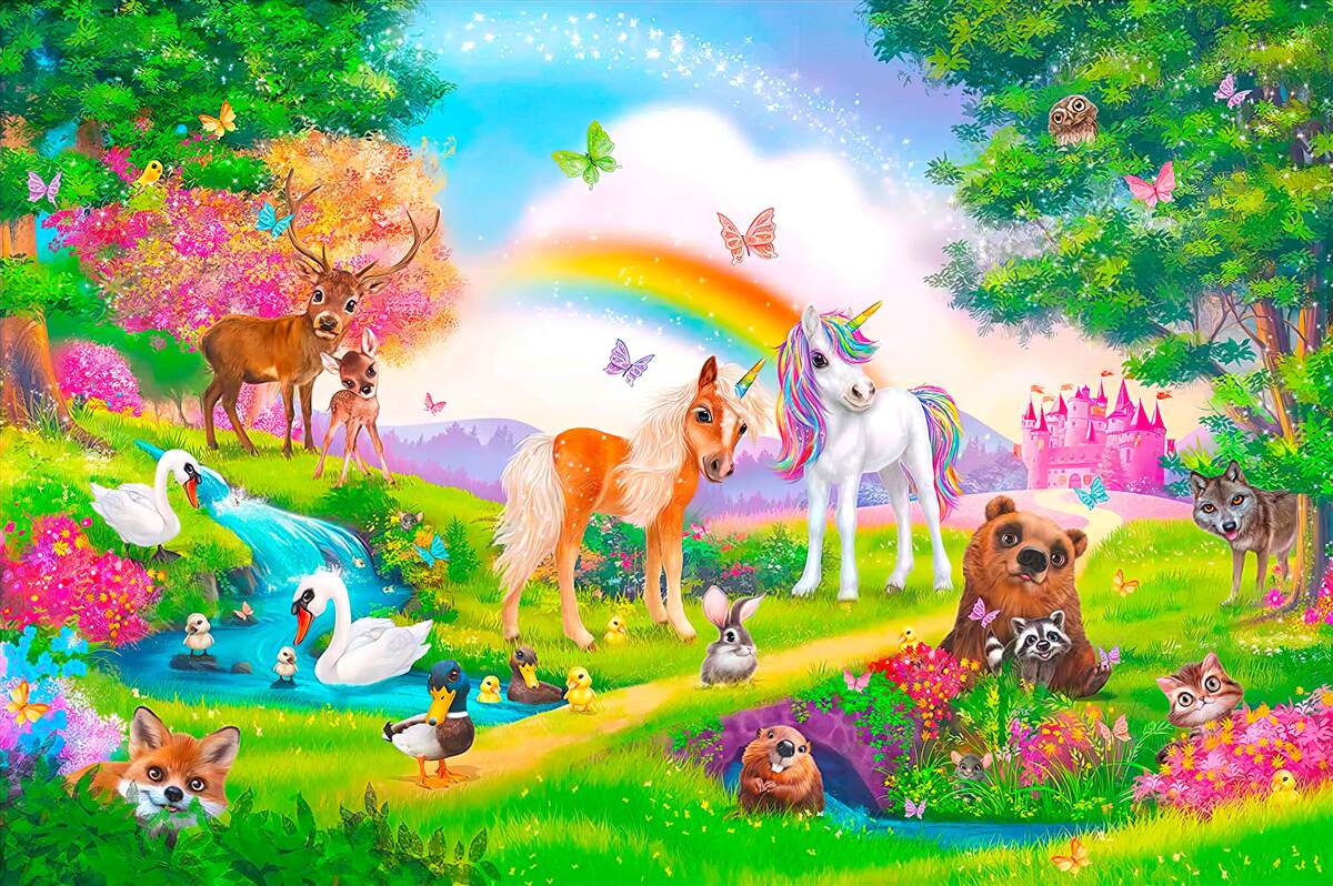 Fototapet luminișul pădurii este locuit de unicorni, animale, păsări și fluturi