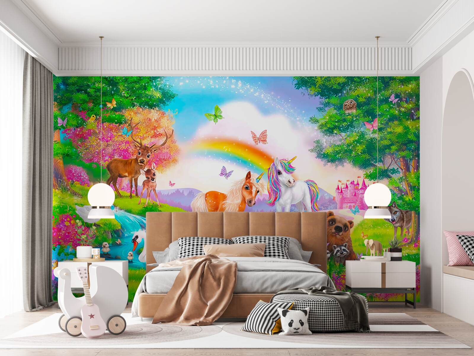 Fototapet luminișul pădurii este locuit de unicorni, animale, păsări și fluturi