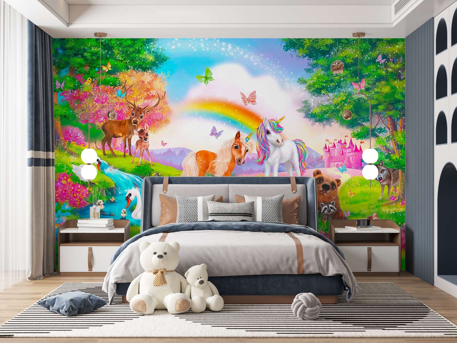 Fototapet luminișul pădurii este locuit de unicorni, animale, păsări și fluturi