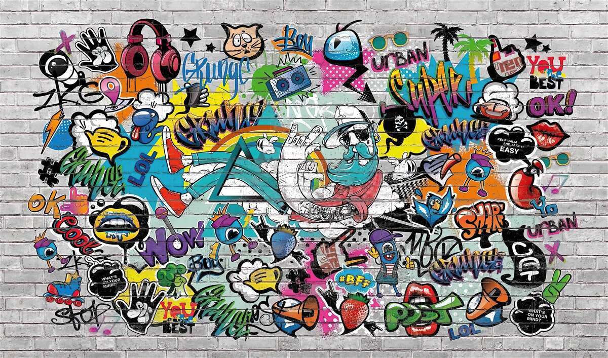 Fototapet Zid de cărămidă decorat cu graffiti luminoase