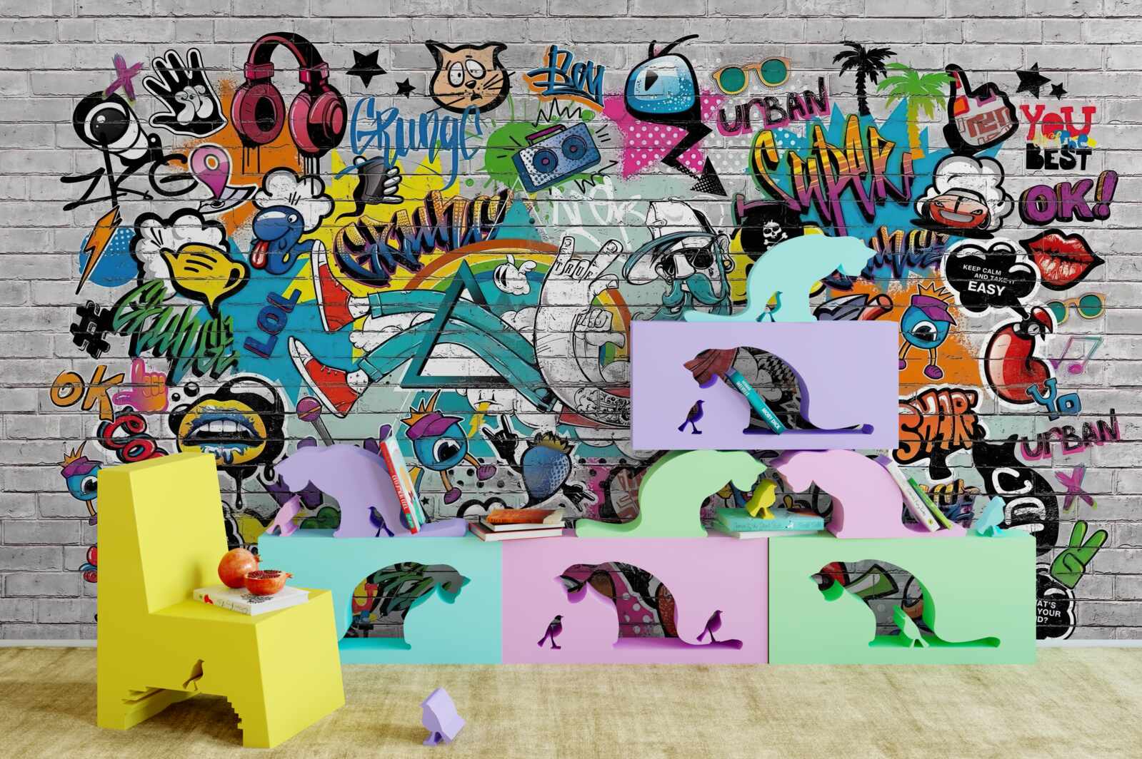 Fototapet Zid de cărămidă decorat cu graffiti luminoase