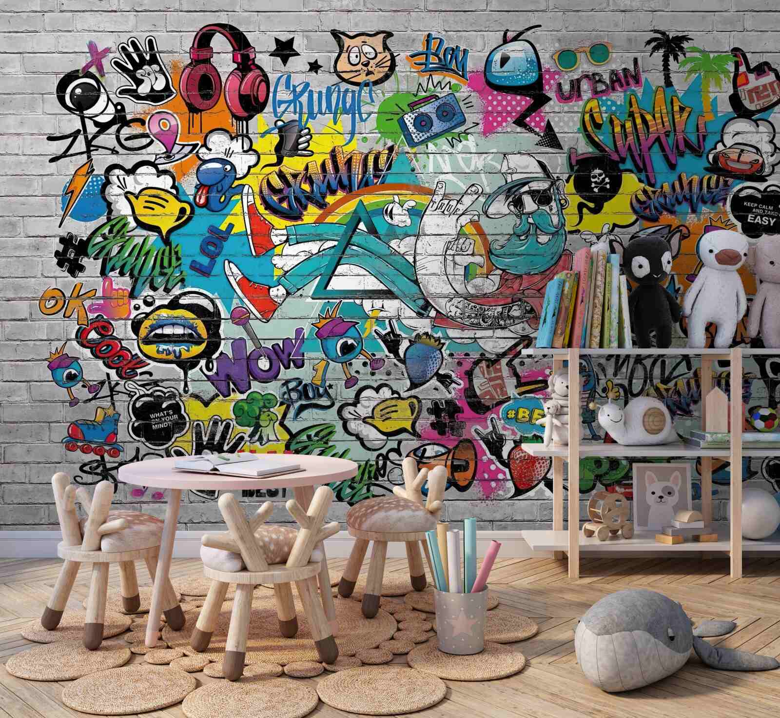 Fototapet Zid de cărămidă decorat cu graffiti luminoase