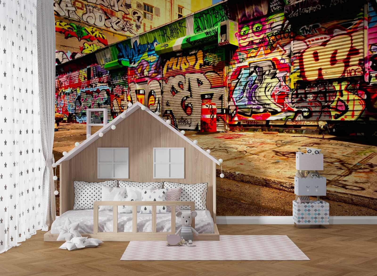 Fototapet clădirile de pe stradă sunt decorate cu graffiti