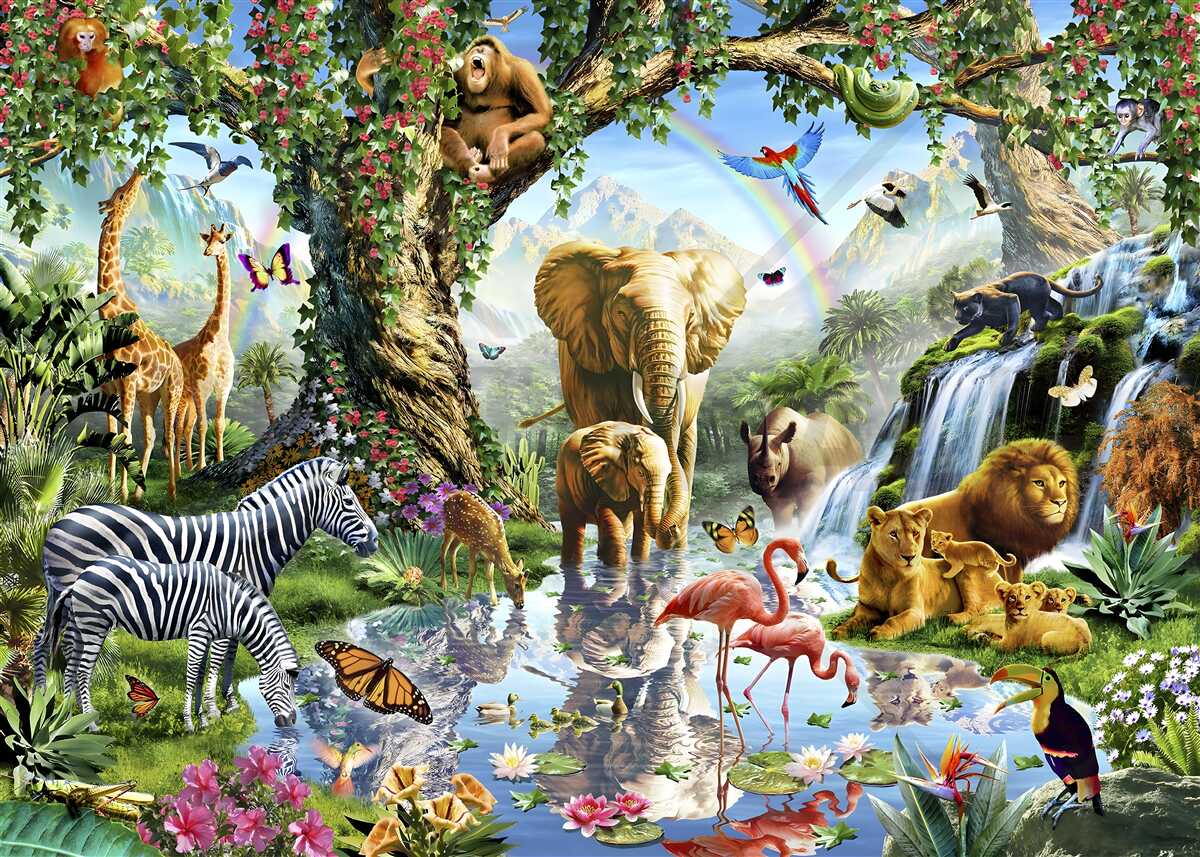 Fototapet diverse animale și păsări în pădurea de lângă iaz