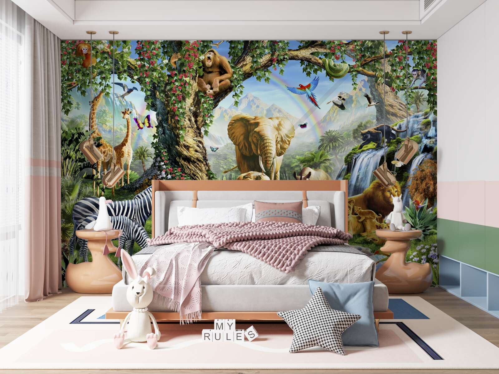 Fototapet diverse animale și păsări în pădurea de lângă iaz