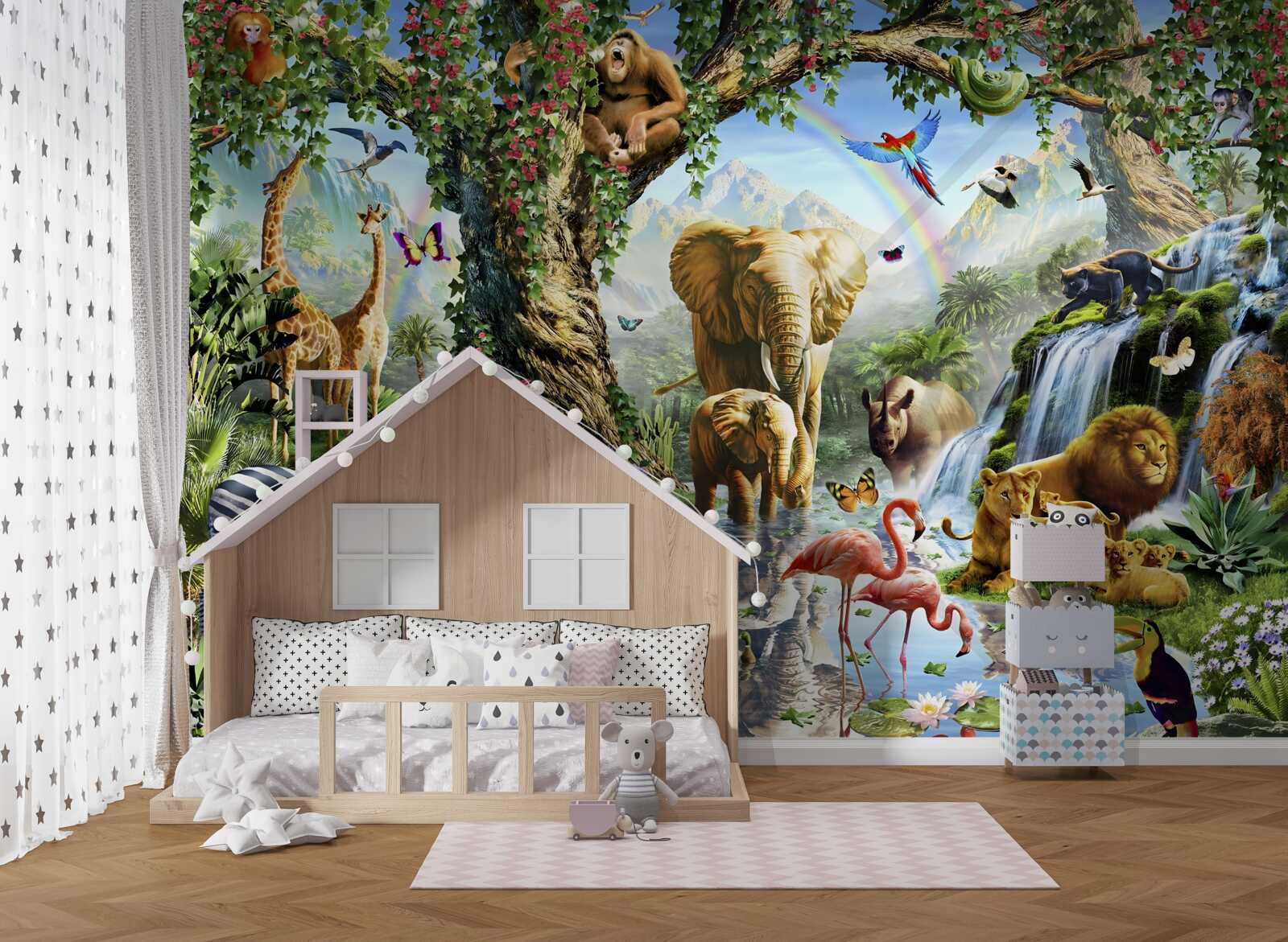 Fototapet diverse animale și păsări în pădurea de lângă iaz