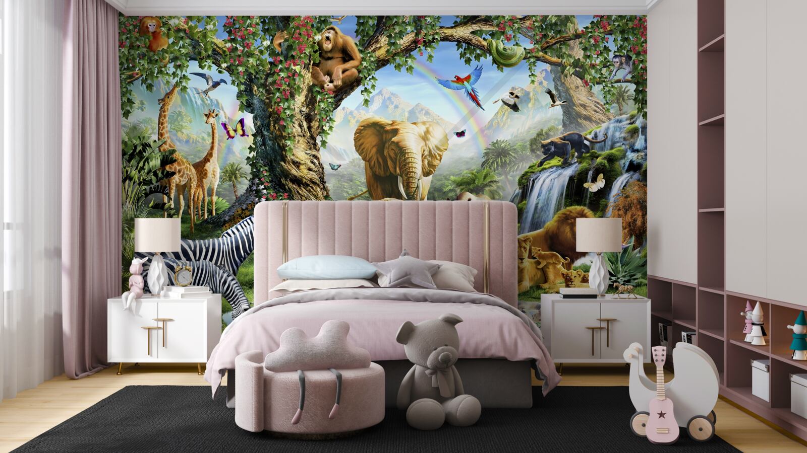 Fototapet diverse animale și păsări în pădurea de lângă iaz