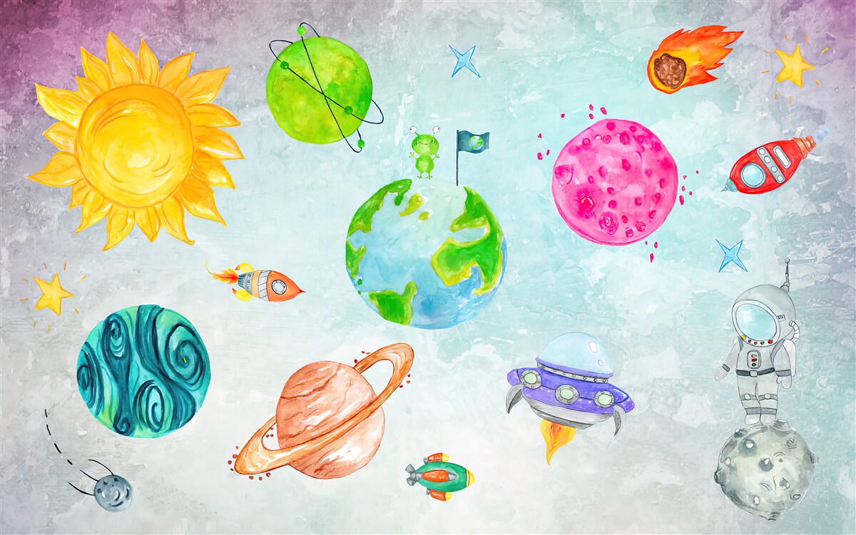 Fototapet planete reprezentate și un astronaut pe suprafața lunară