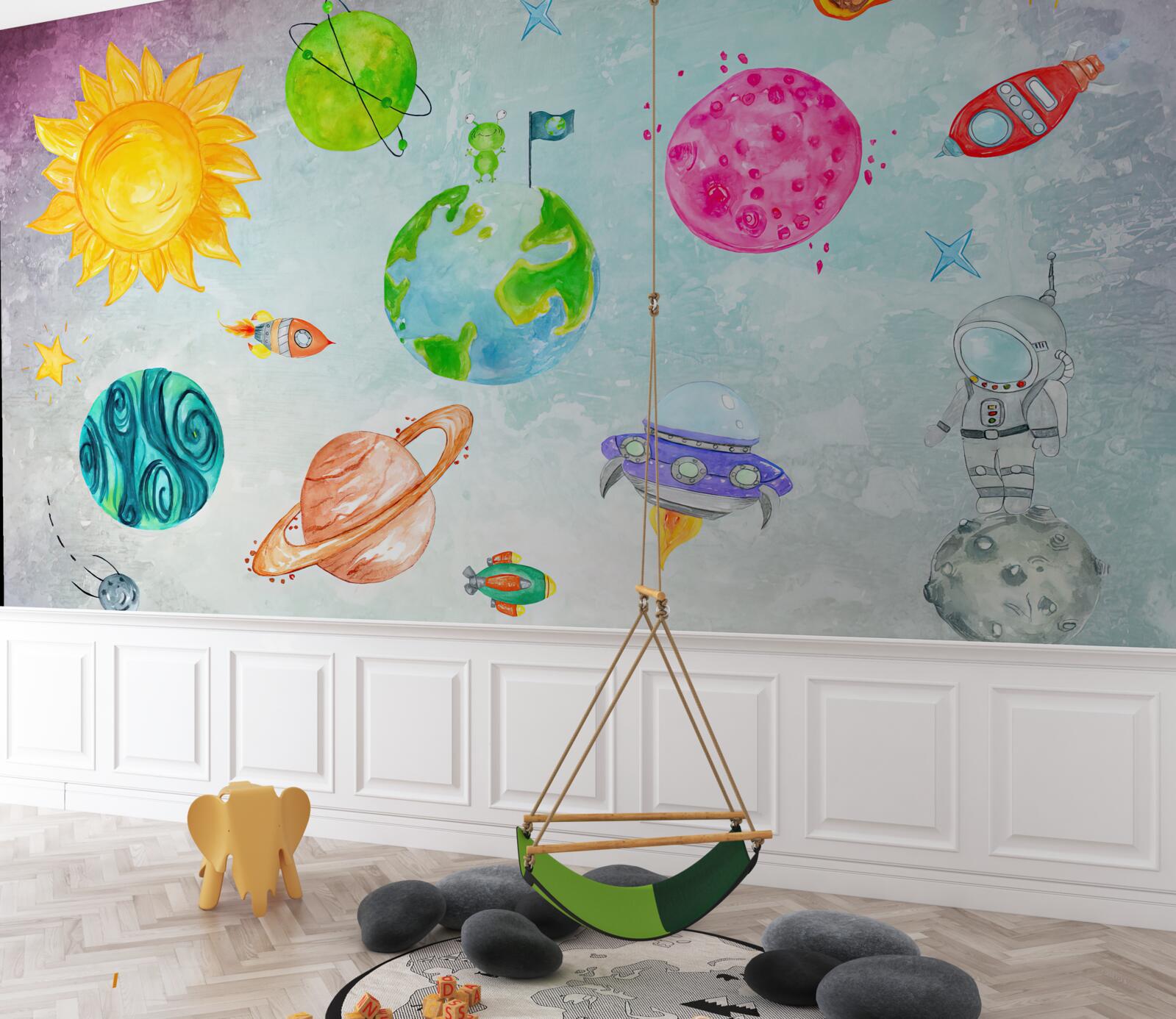 Fototapet planete reprezentate și un astronaut pe suprafața lunară