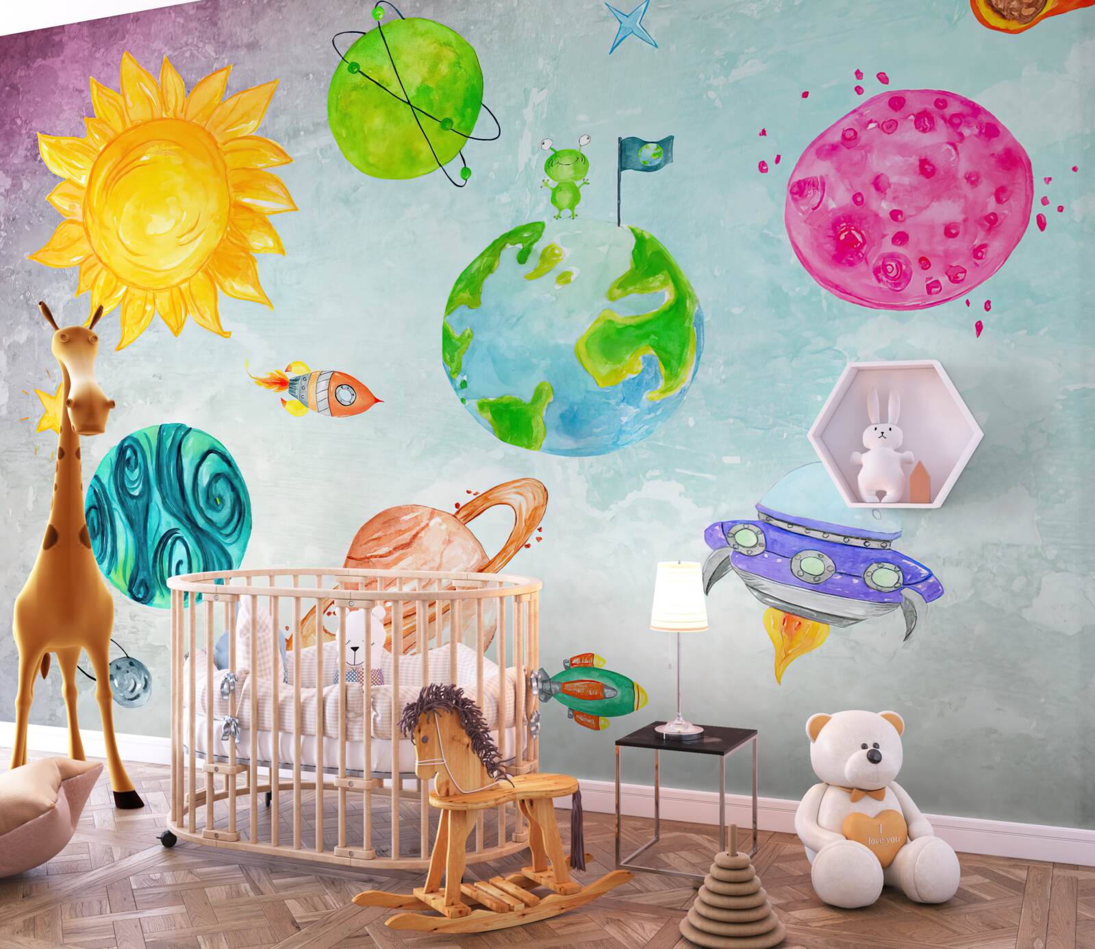 Fototapet planete reprezentate și un astronaut pe suprafața lunară