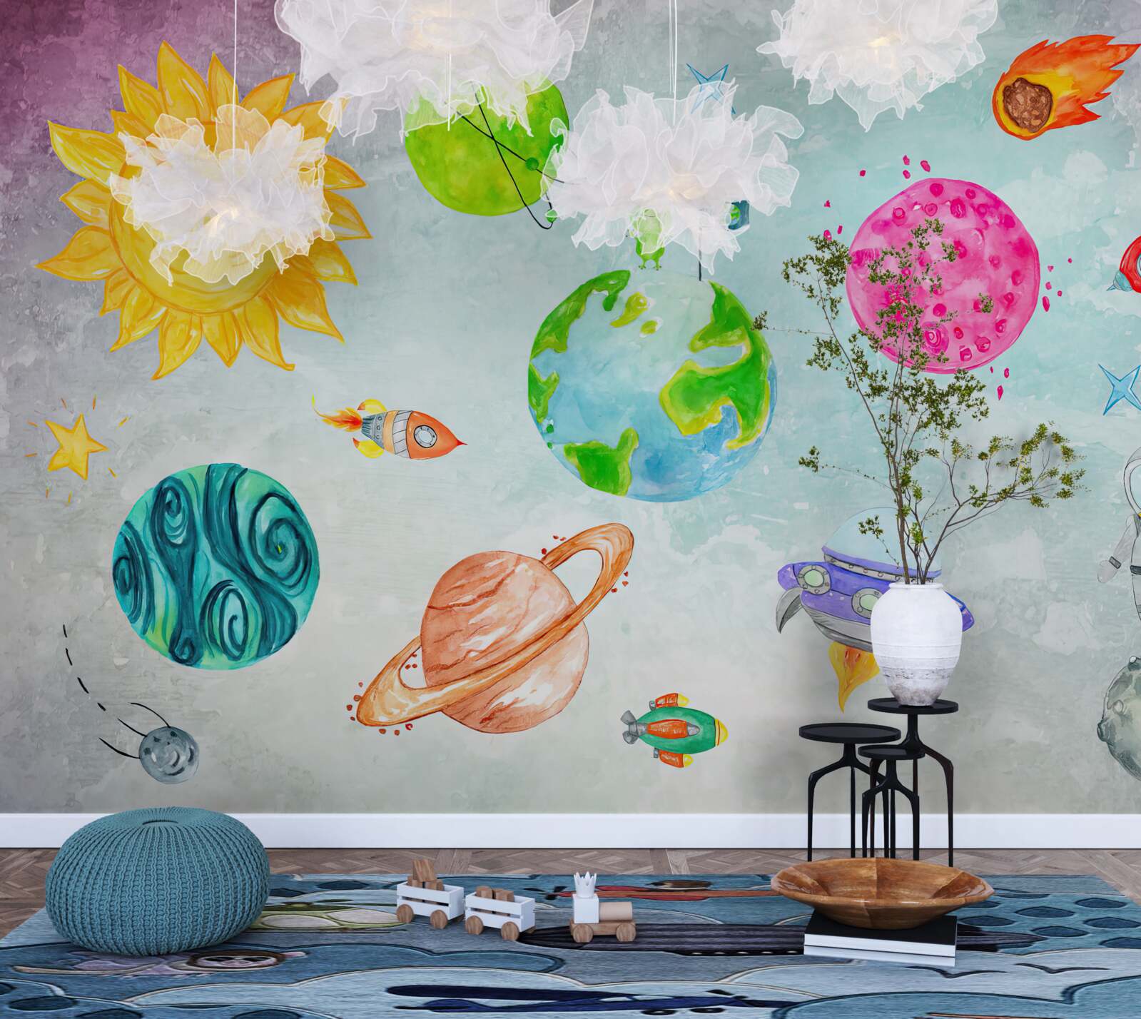 Fototapet planete reprezentate și un astronaut pe suprafața lunară