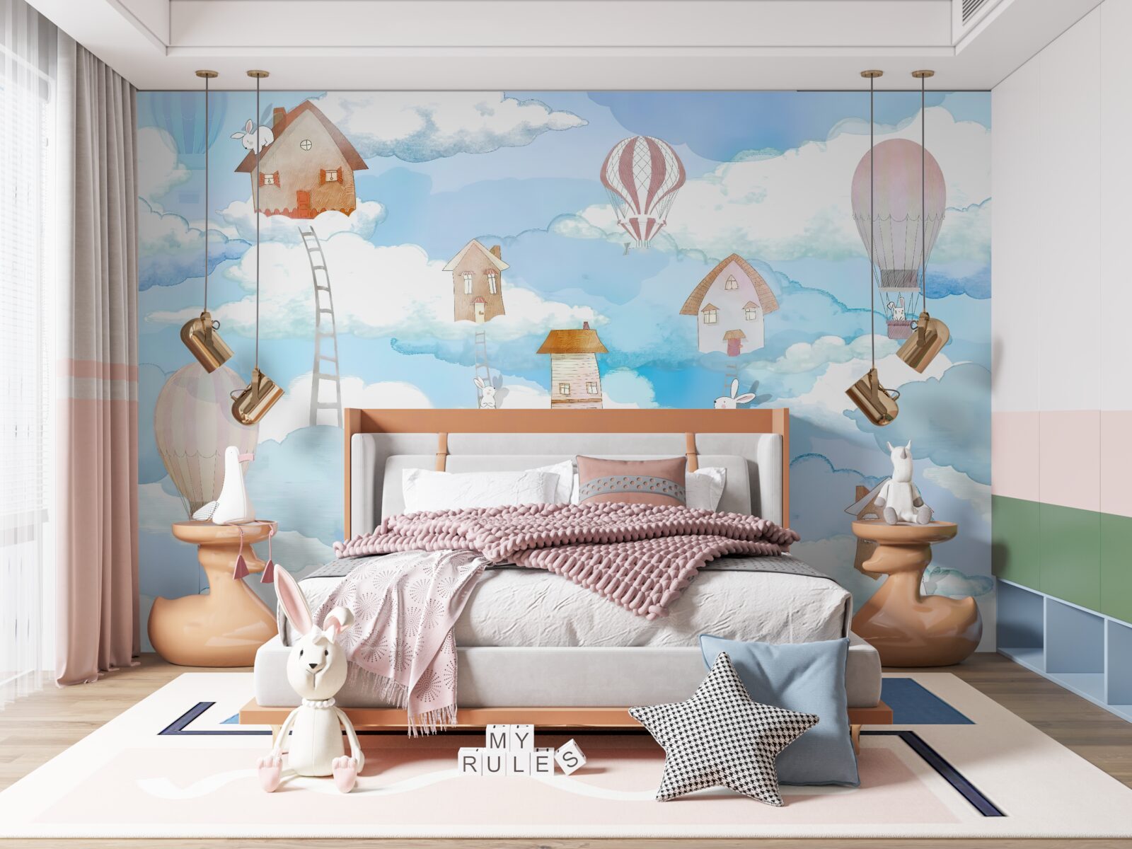 Fototapet iepuri pe acoperișul clădirilor și pe scări