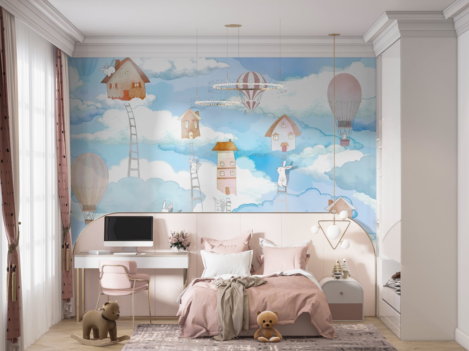 Fototapet iepuri pe acoperișul clădirilor și pe scări