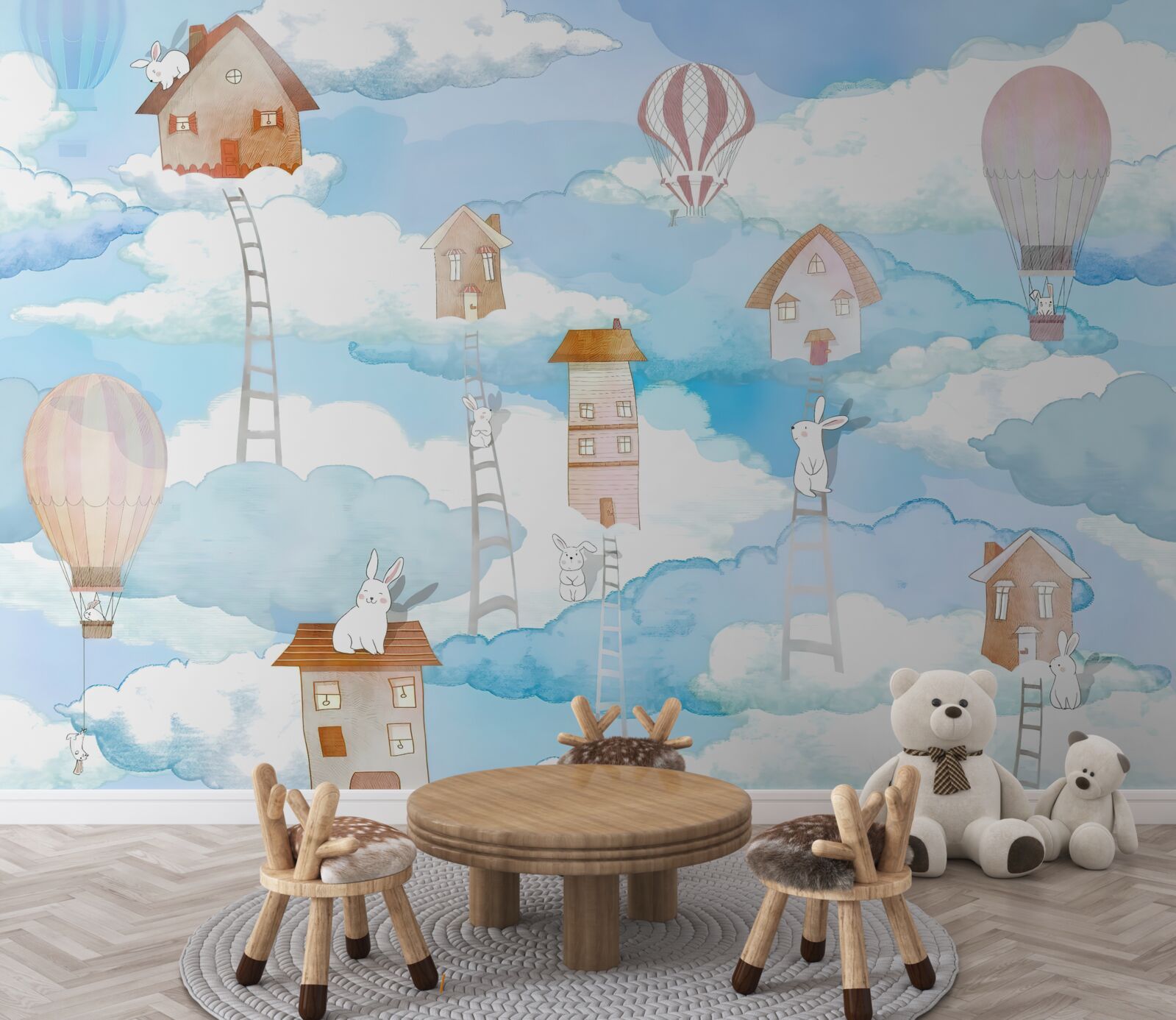 Fototapet iepuri pe acoperișul clădirilor și pe scări