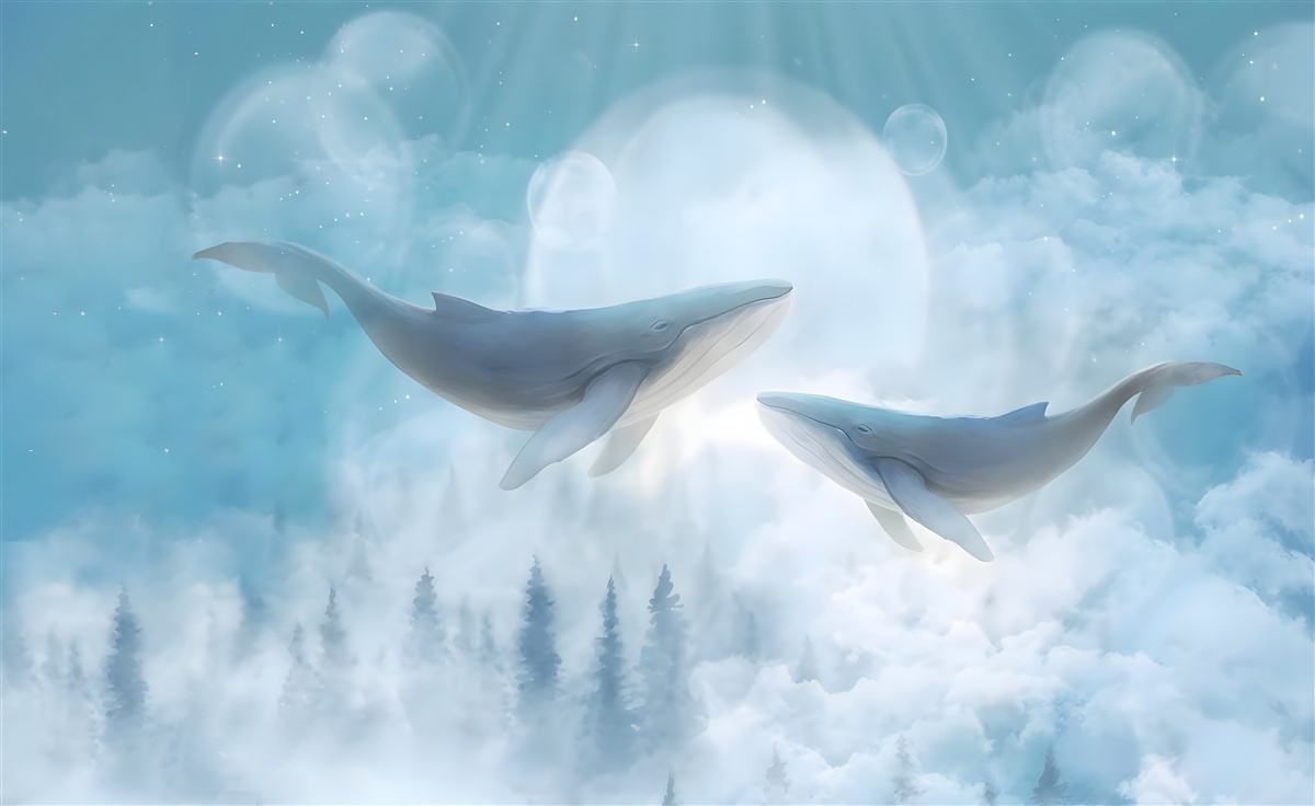 Fototapet balenele alunecă peste pădurea cețoasă