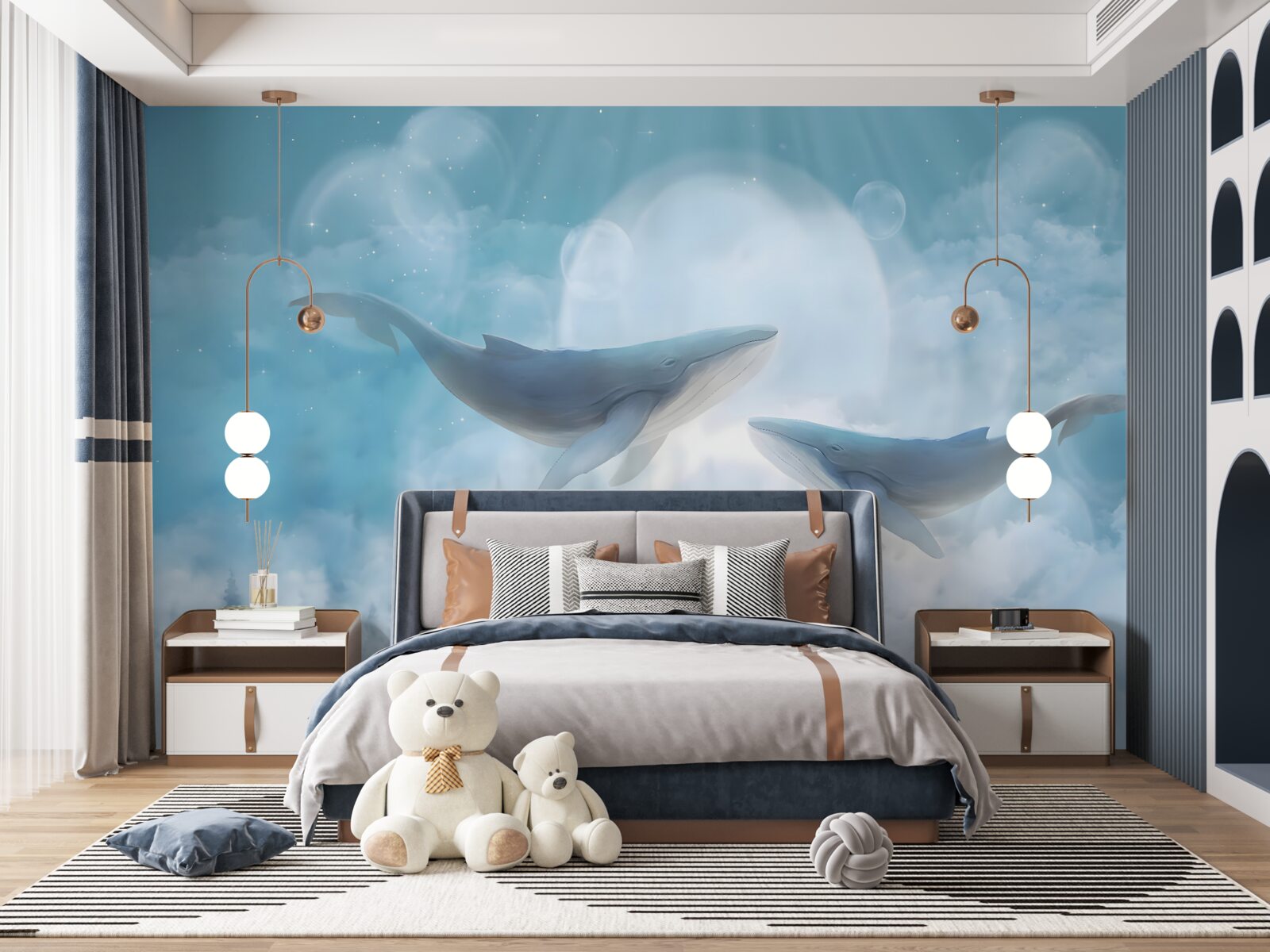 Fototapet balenele alunecă peste pădurea cețoasă