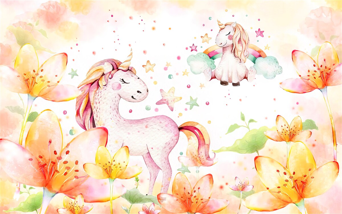 Fototapet flori în jurul unicornilor cu ochii închiși