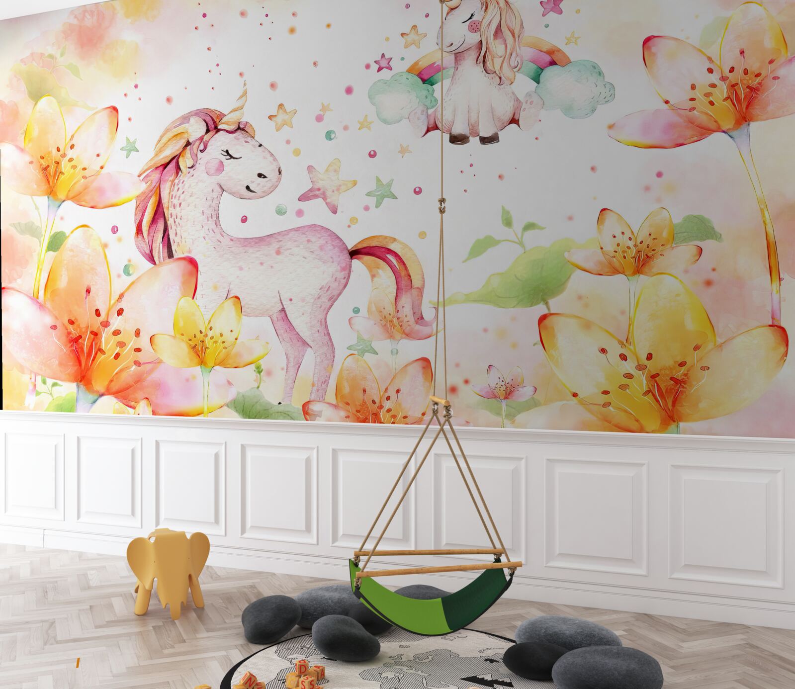 Fototapet flori în jurul unicornilor cu ochii închiși