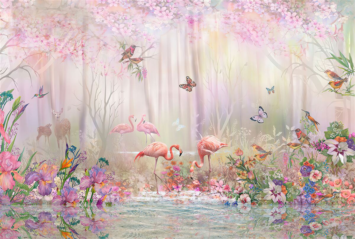 Fototapet flamingo și alte păsări într-o pădure cețoasă