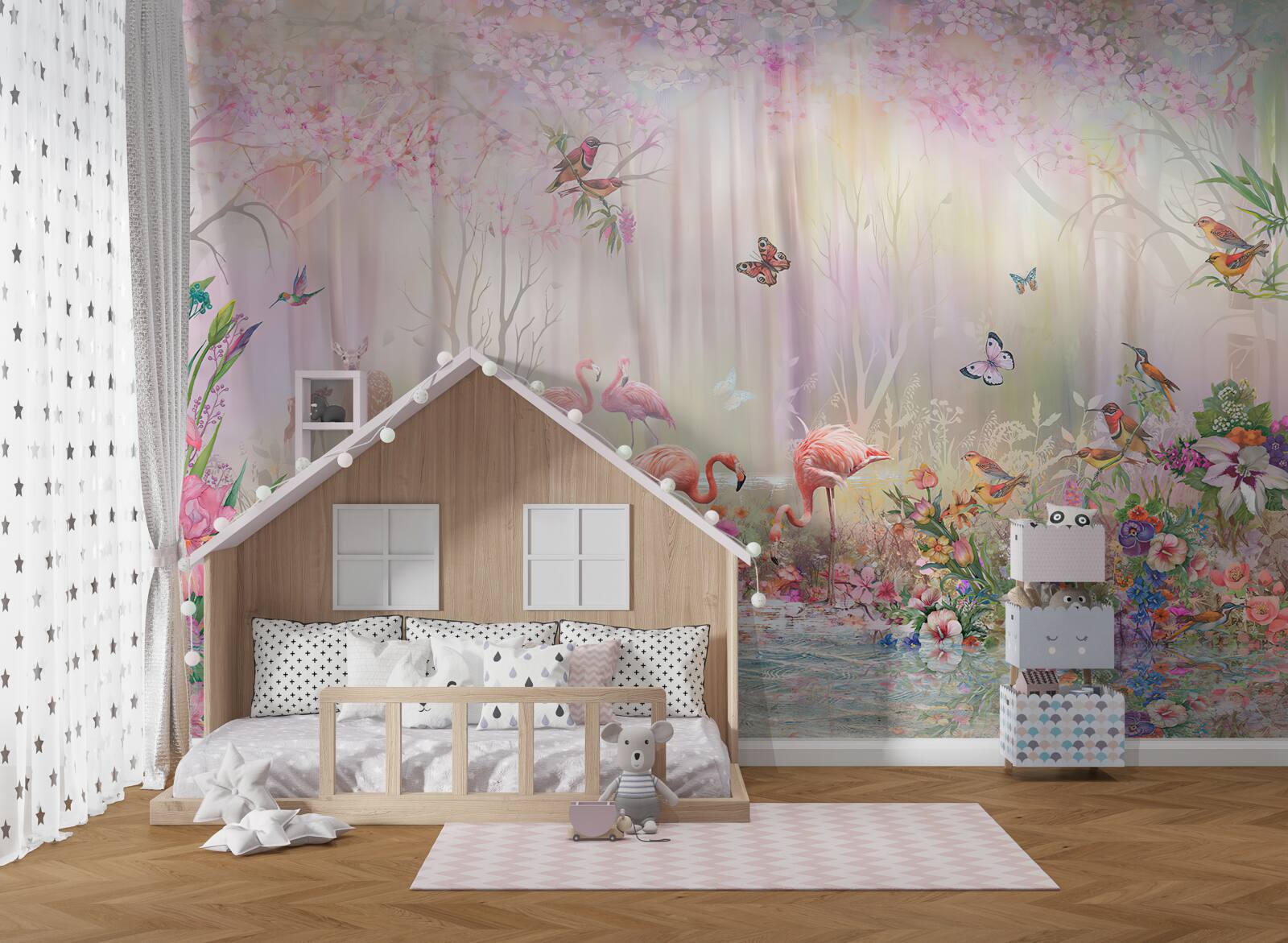 Fototapet flamingo și alte păsări într-o pădure cețoasă