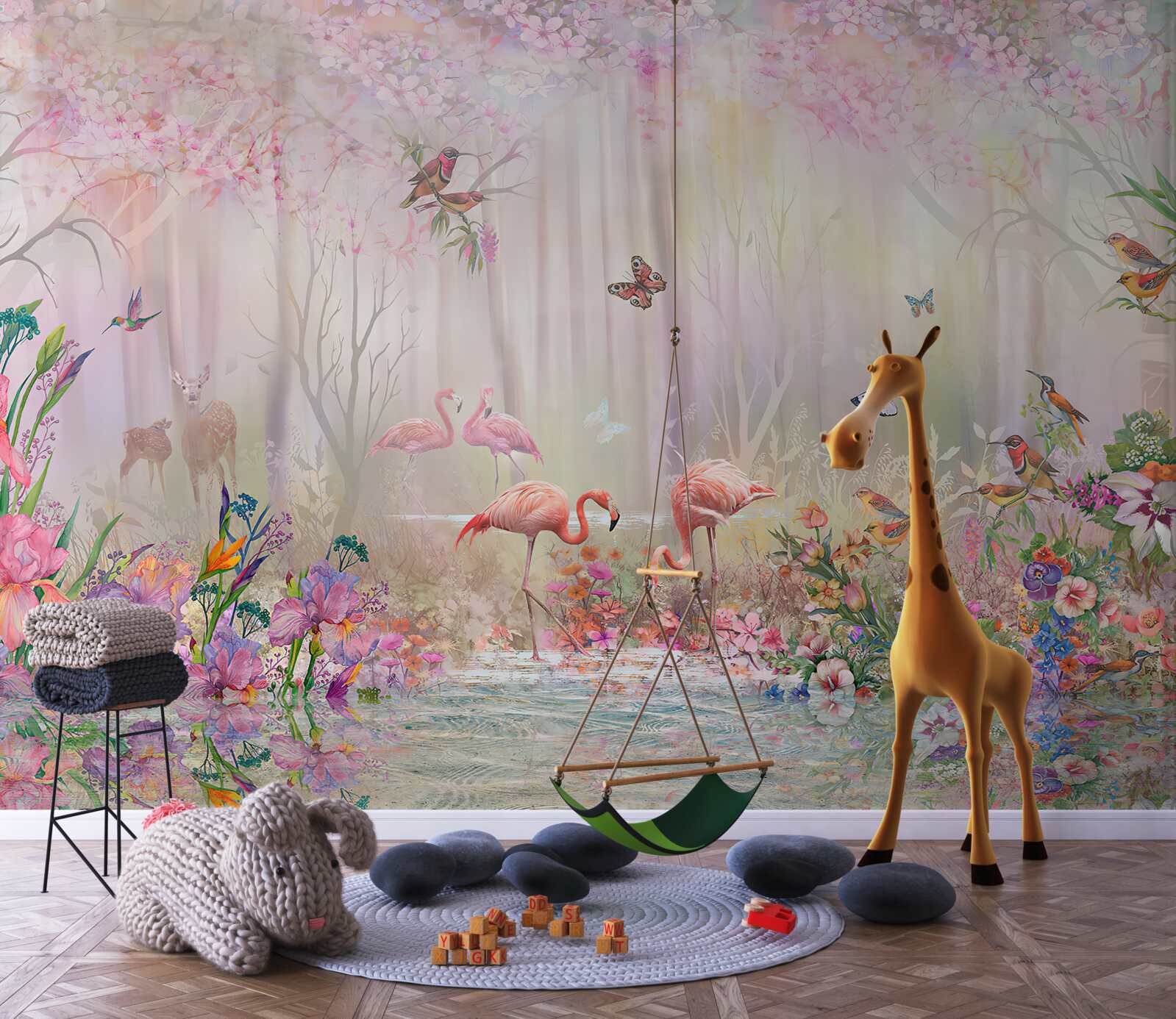 Fototapet flamingo și alte păsări într-o pădure cețoasă