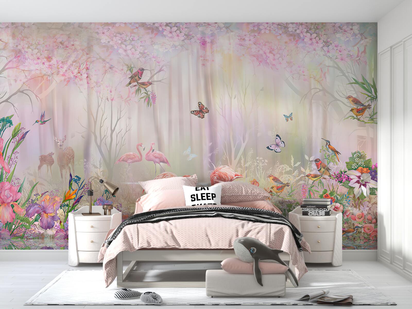 Fototapet flamingo și alte păsări într-o pădure cețoasă