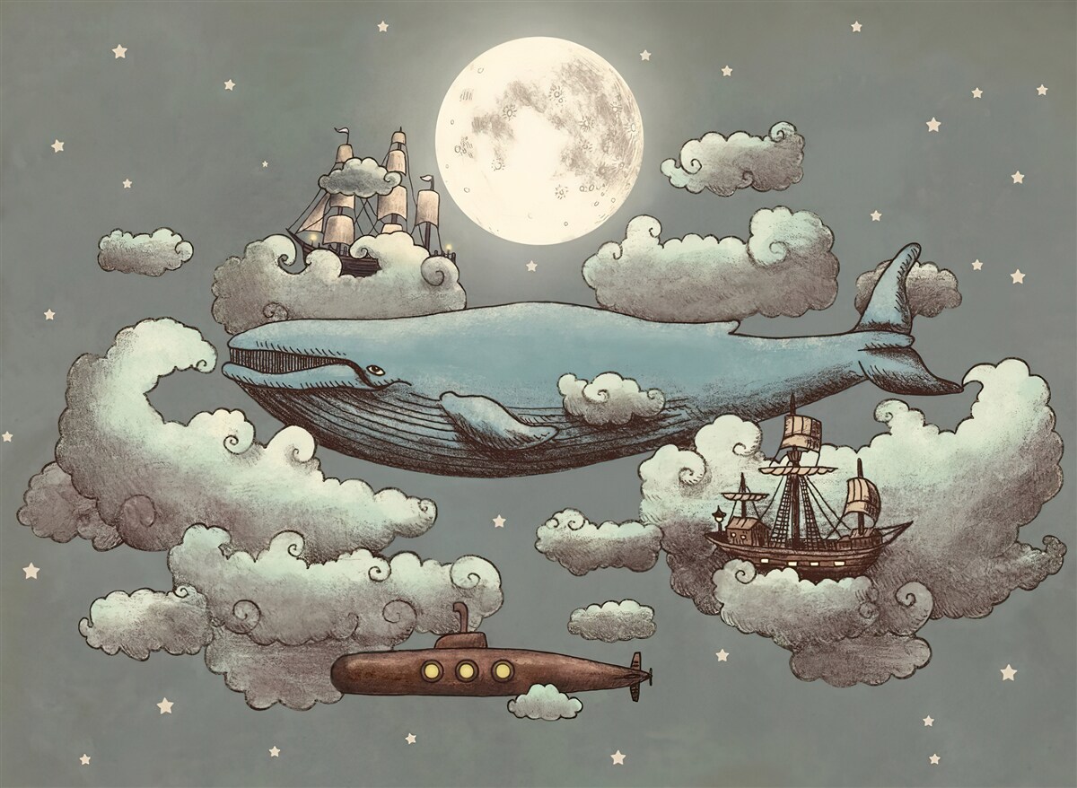 Fototapet o balenă sperma și o navă plutitoare plutesc în nori