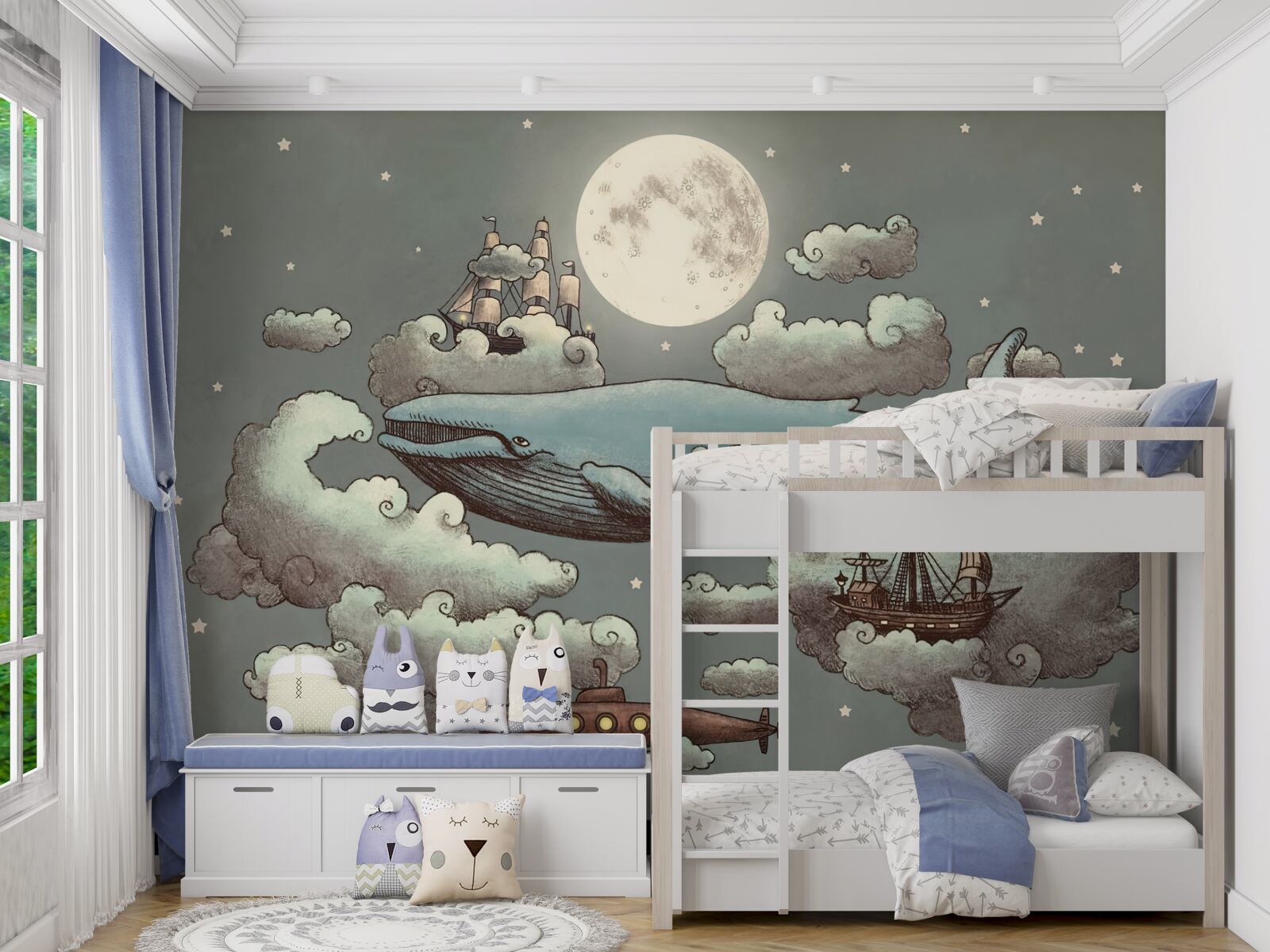 Fototapet o balenă sperma și o navă plutitoare plutesc în nori