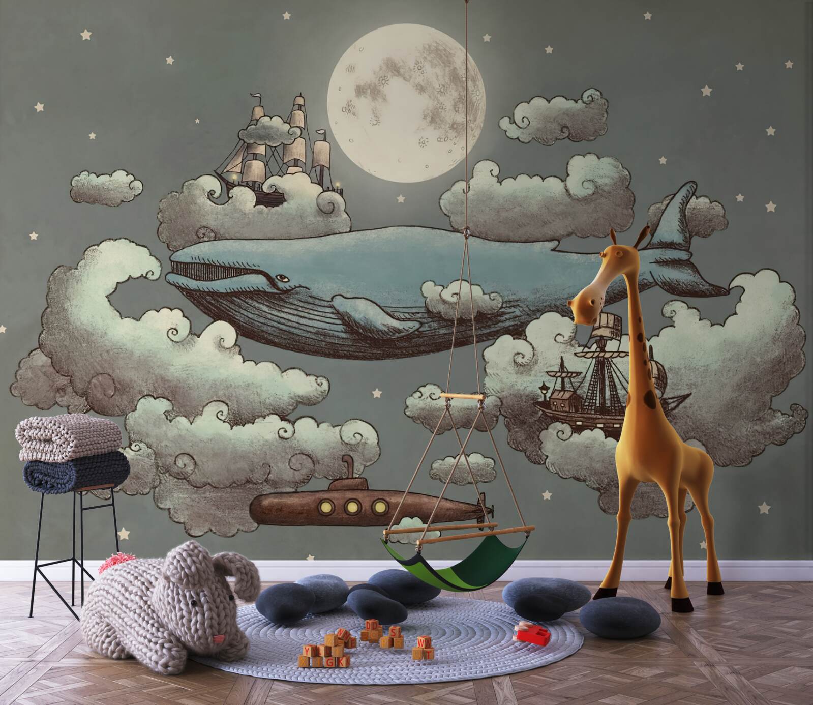 Fototapet o balenă sperma și o navă plutitoare plutesc în nori