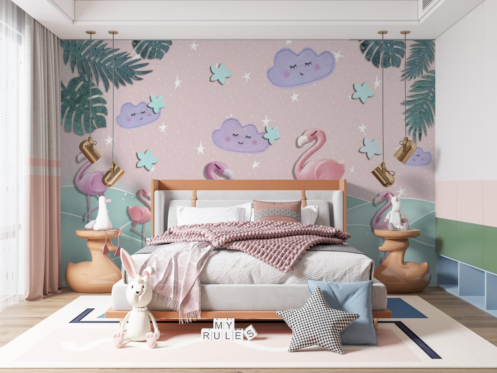 Fototapet flamingo roz în echilibru pe un picior