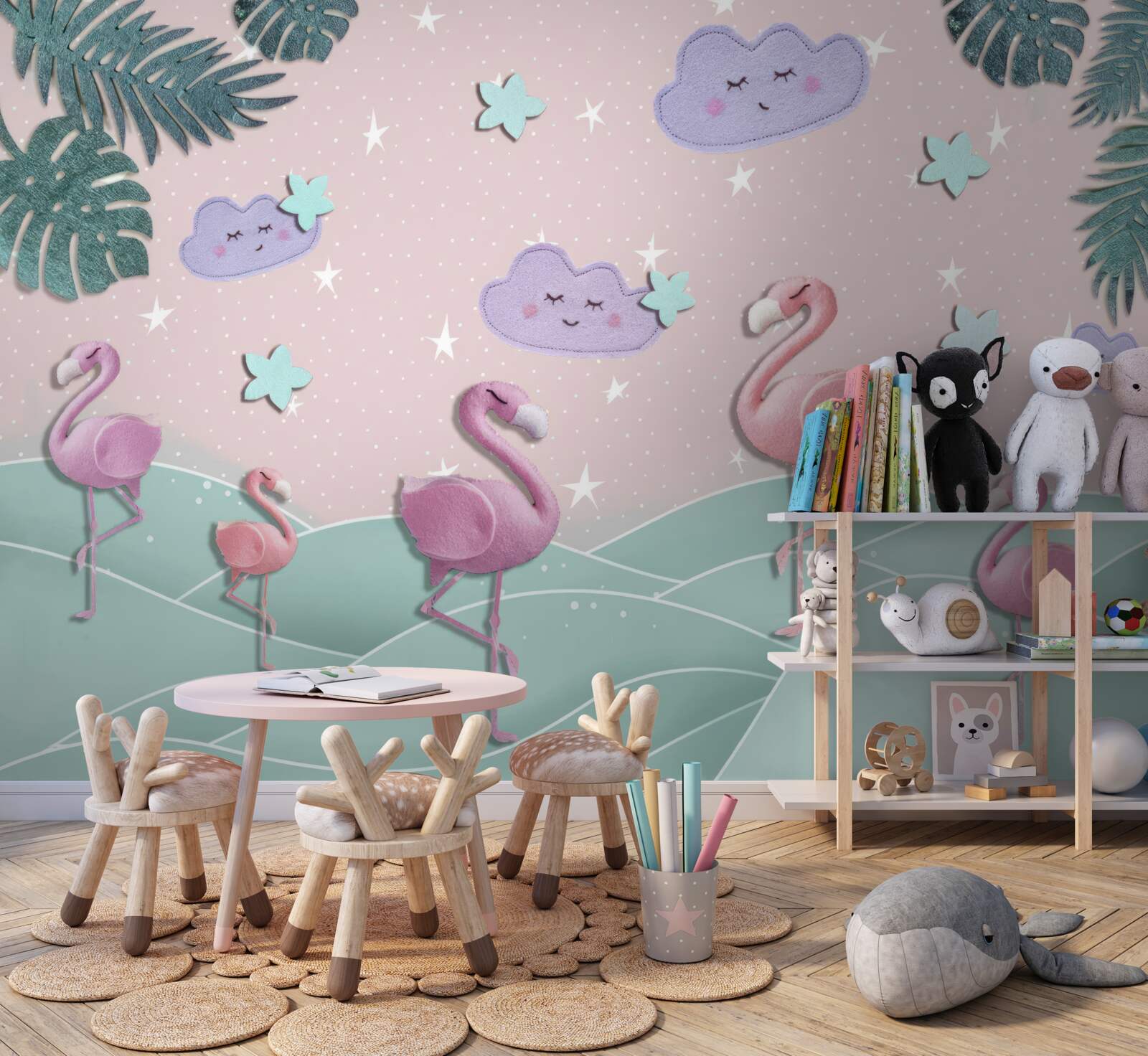 Fototapet flamingo roz în echilibru pe un picior