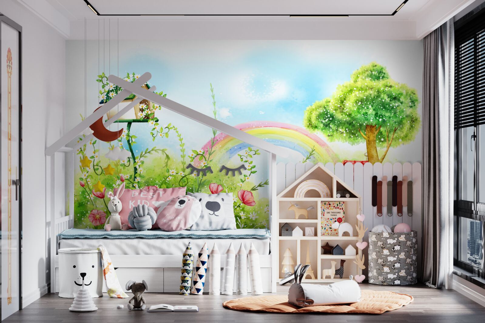 Fototapet gazon, casă mică și arcadă multicoloră