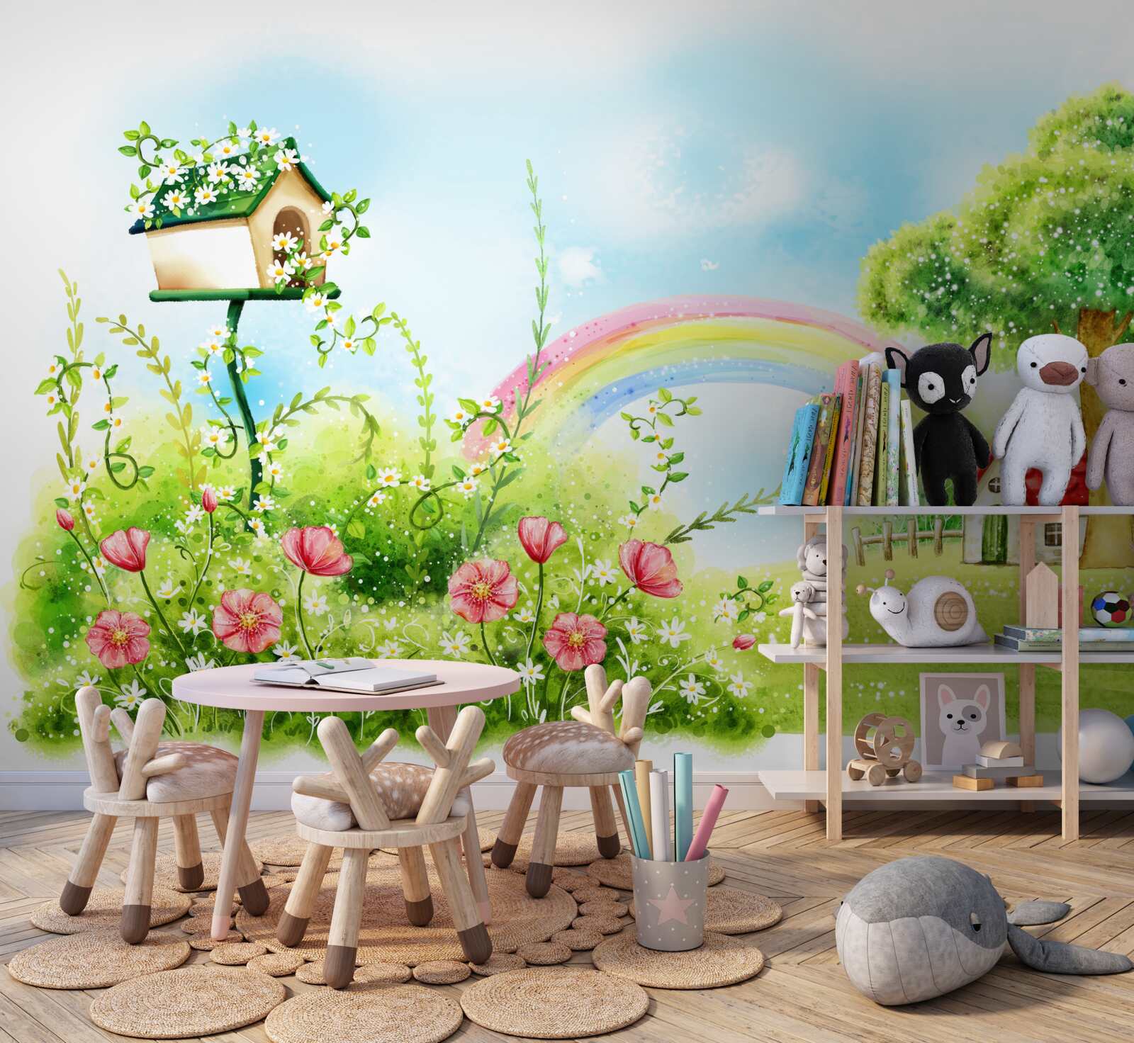 Fototapet gazon, casă mică și arcadă multicoloră