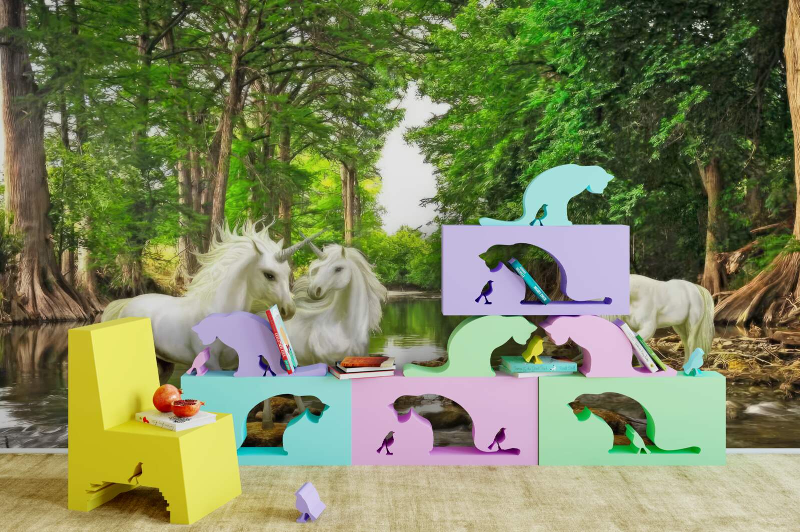 Fototapet în pădurea de lângă apă sunt trei pegasi ușori