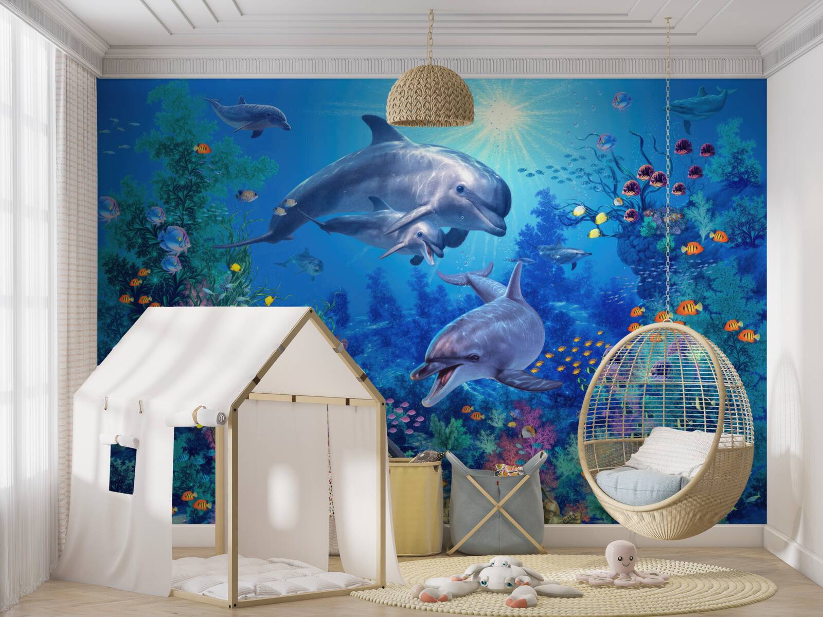 Fototapet grup de delfini într-un mediu subacvatic