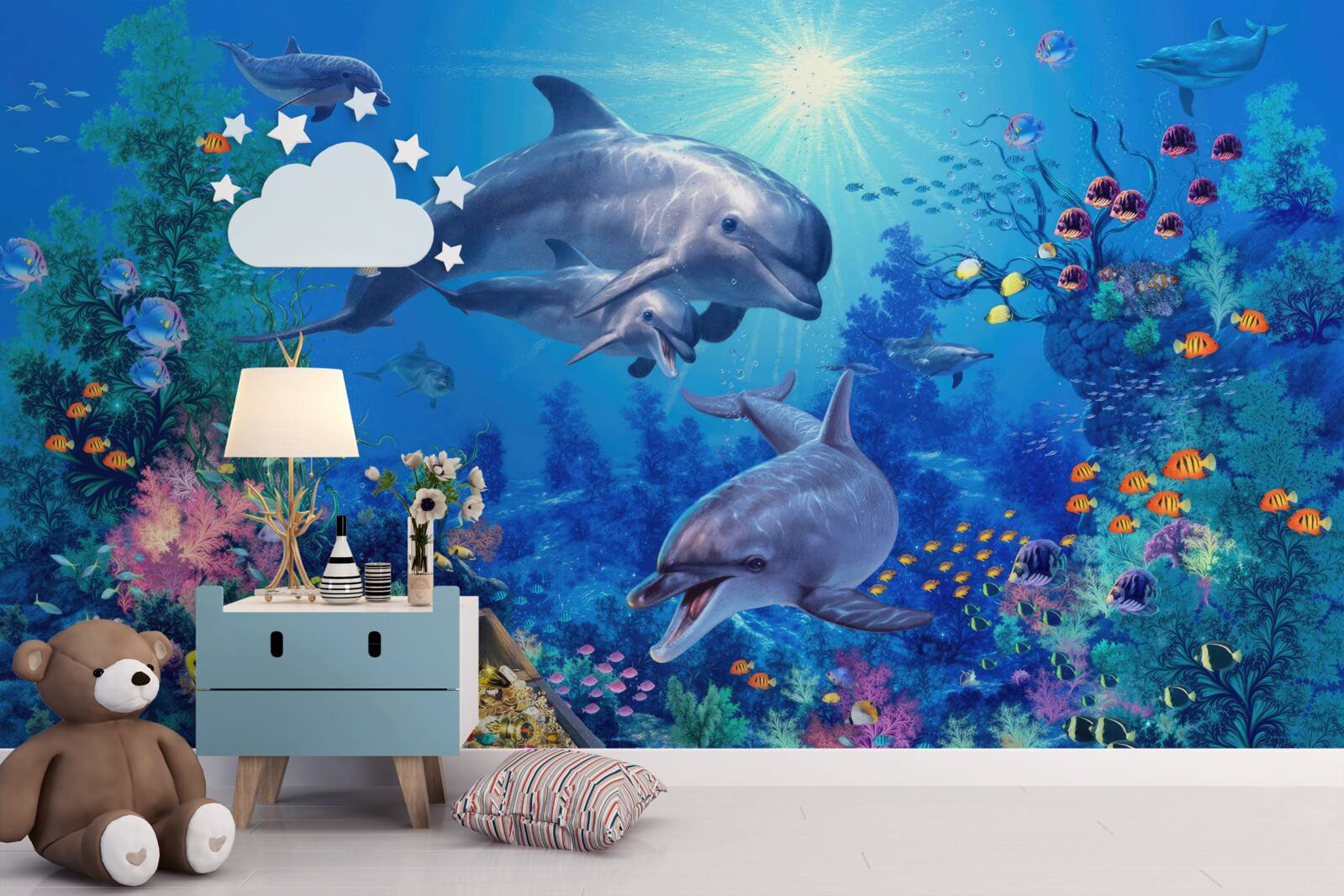 Fototapet grup de delfini într-un mediu subacvatic