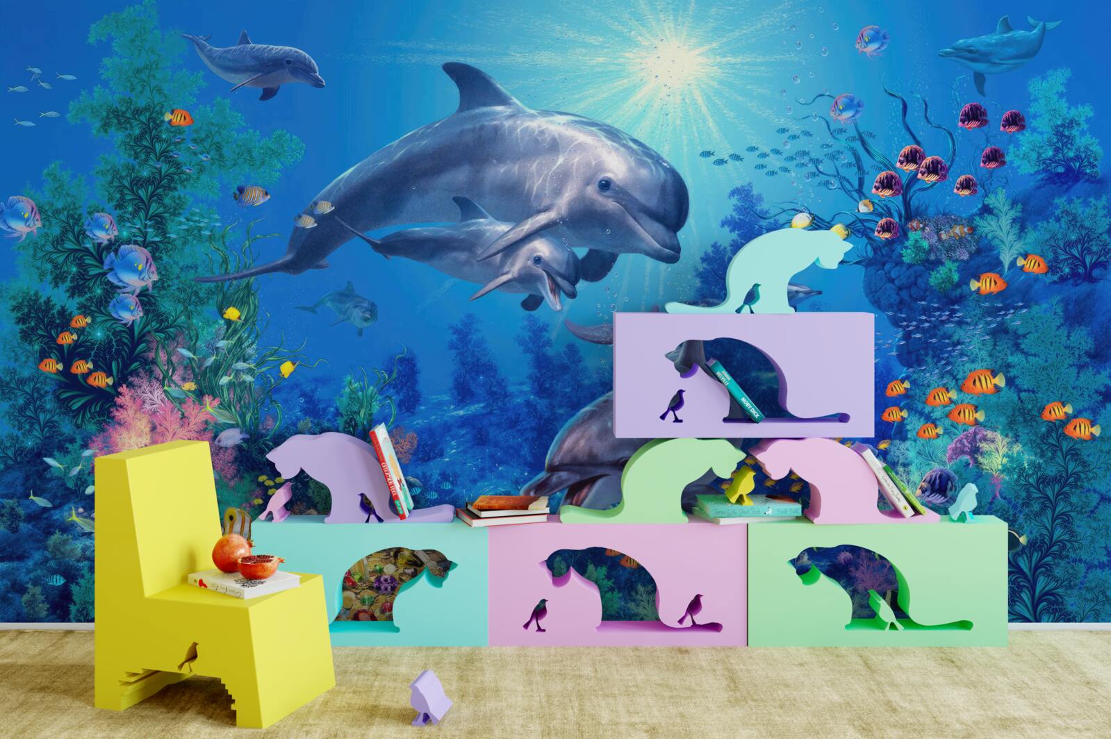 Fototapet grup de delfini într-un mediu subacvatic