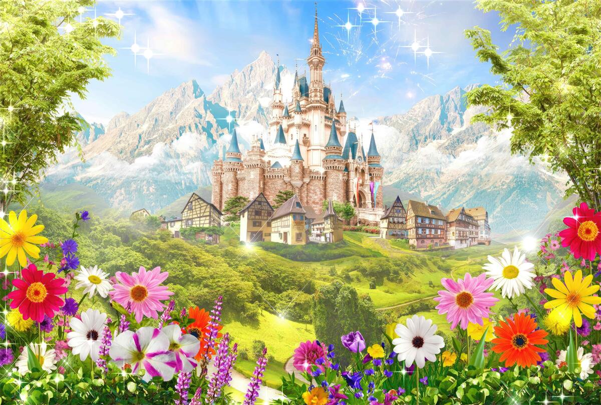 Fototapet o fortăreață magică printre vârfurile munților