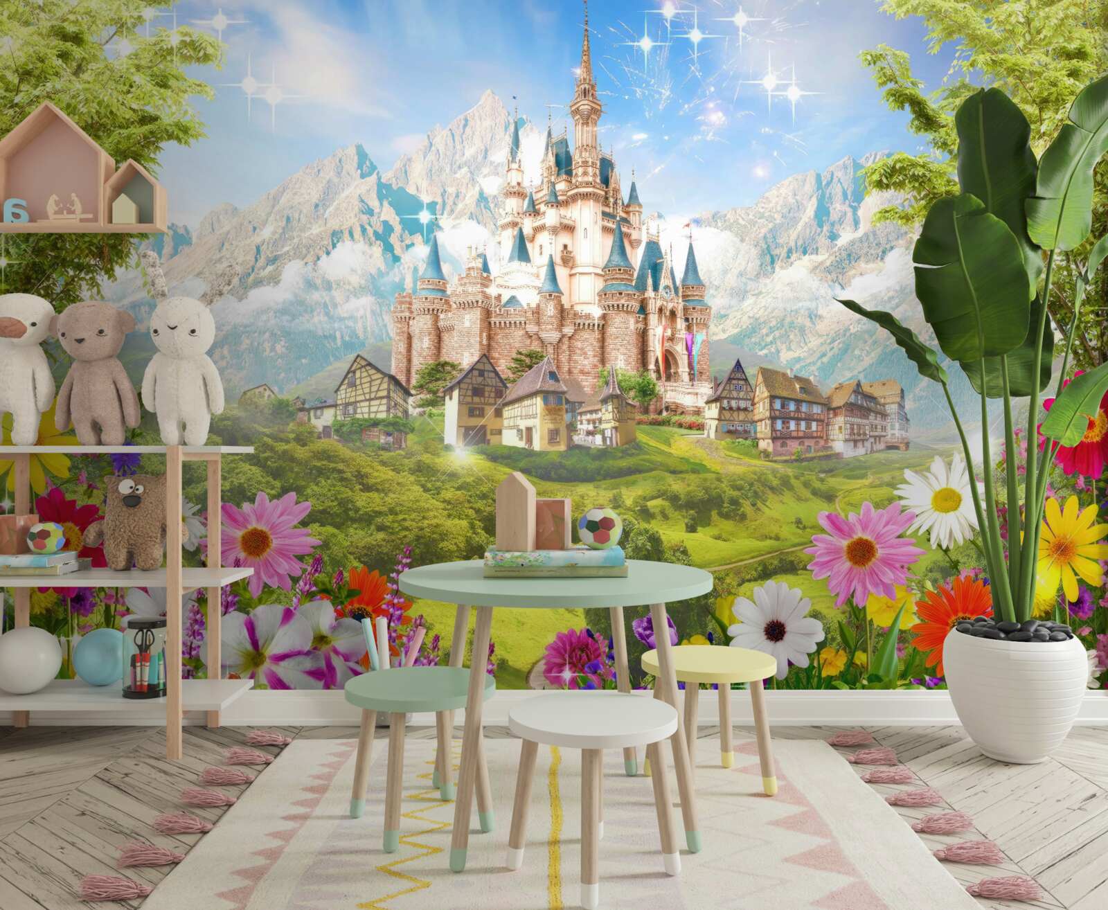 Fototapet o fortăreață magică printre vârfurile munților