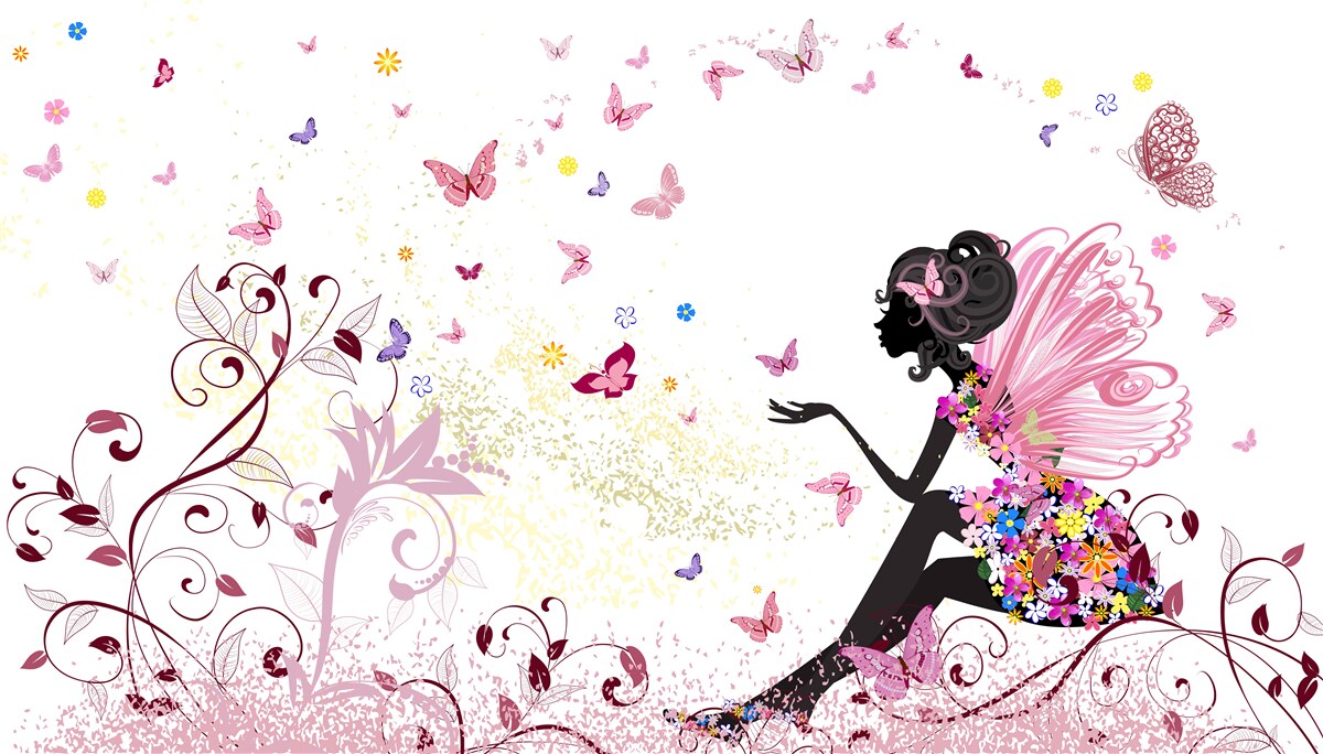 Fototapet contur de o fată și mai mulți fluturi