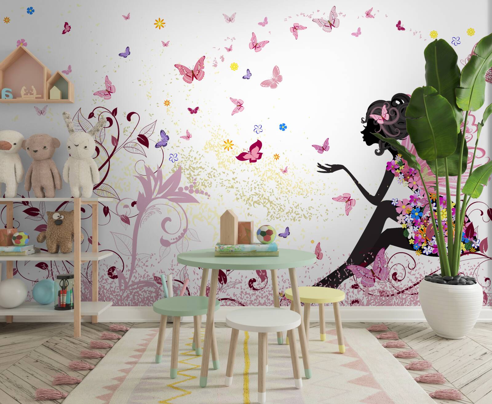 Fototapet contur de o fată și mai mulți fluturi