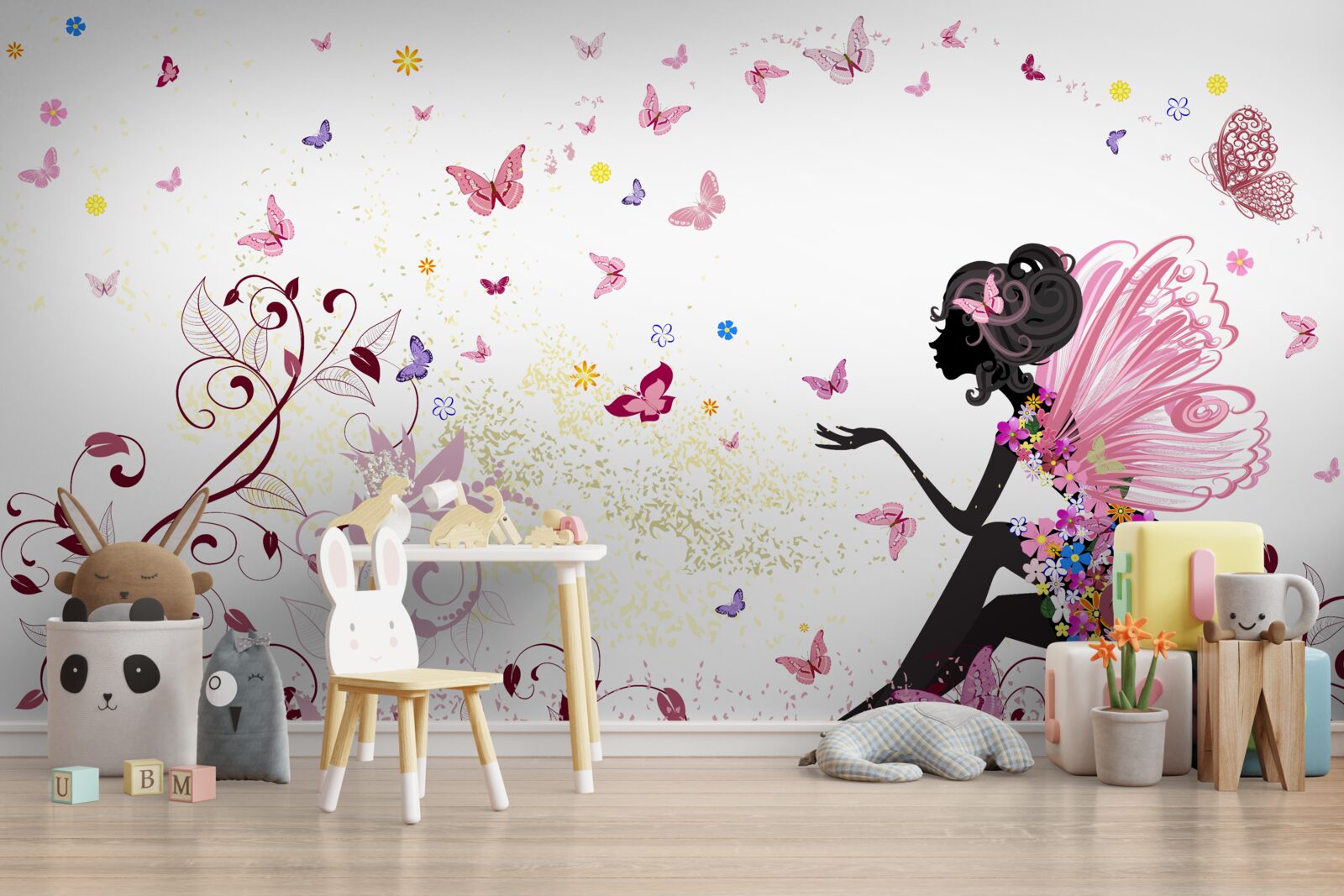 Fototapet contur de o fată și mai mulți fluturi