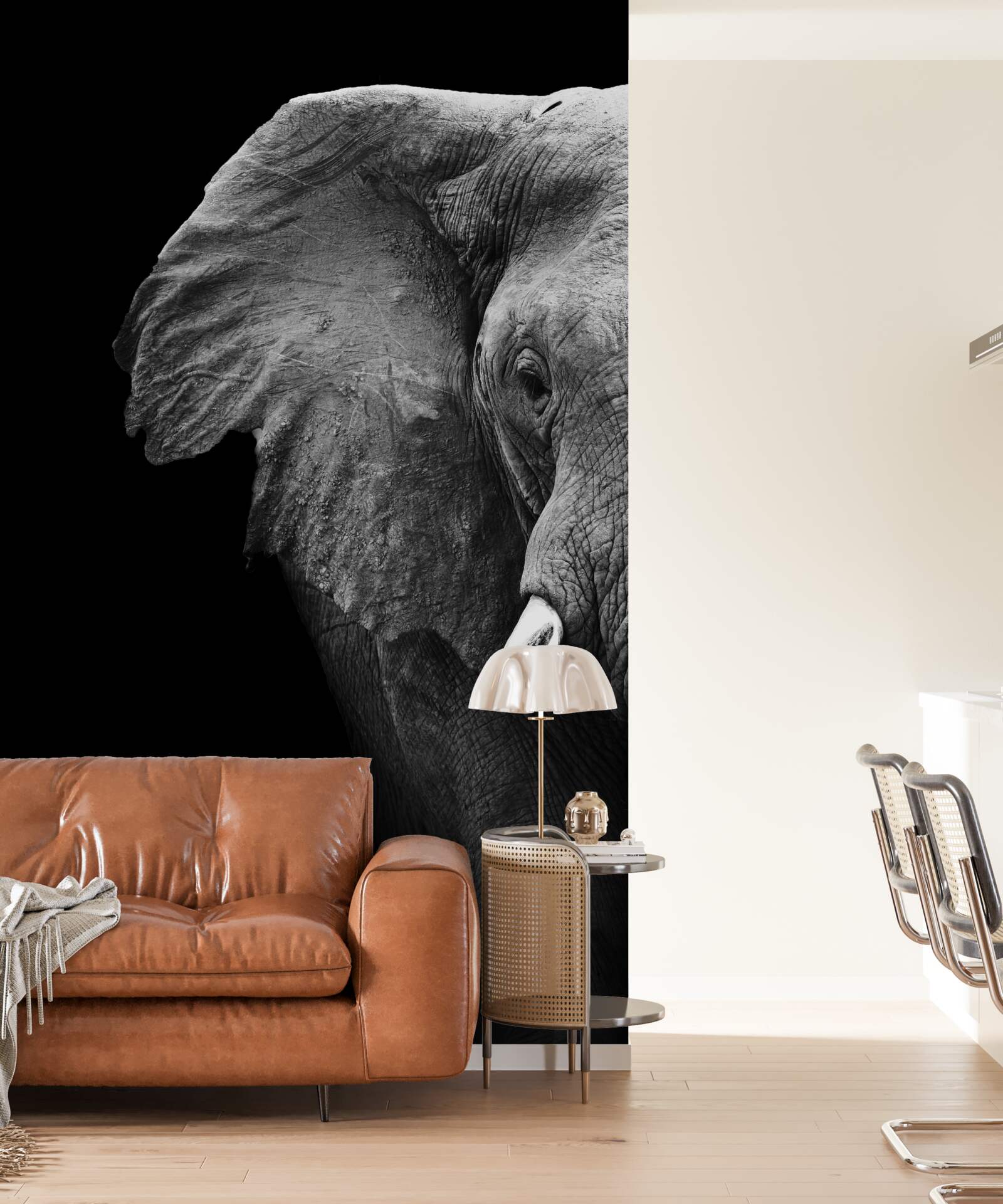 Fototapet close-up al unui elefant pe un fundal negru