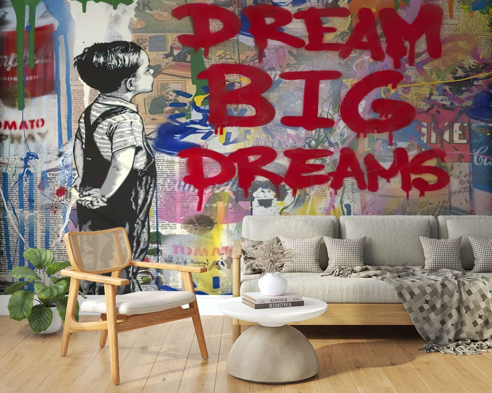 Fototapet un băiat observă peretele acoperit cu desene