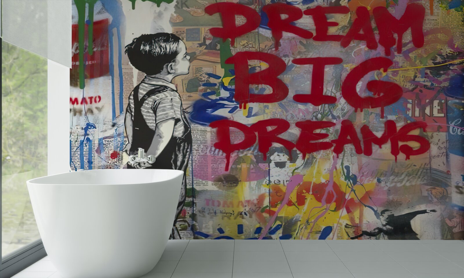 Fototapet un băiat observă peretele acoperit cu desene