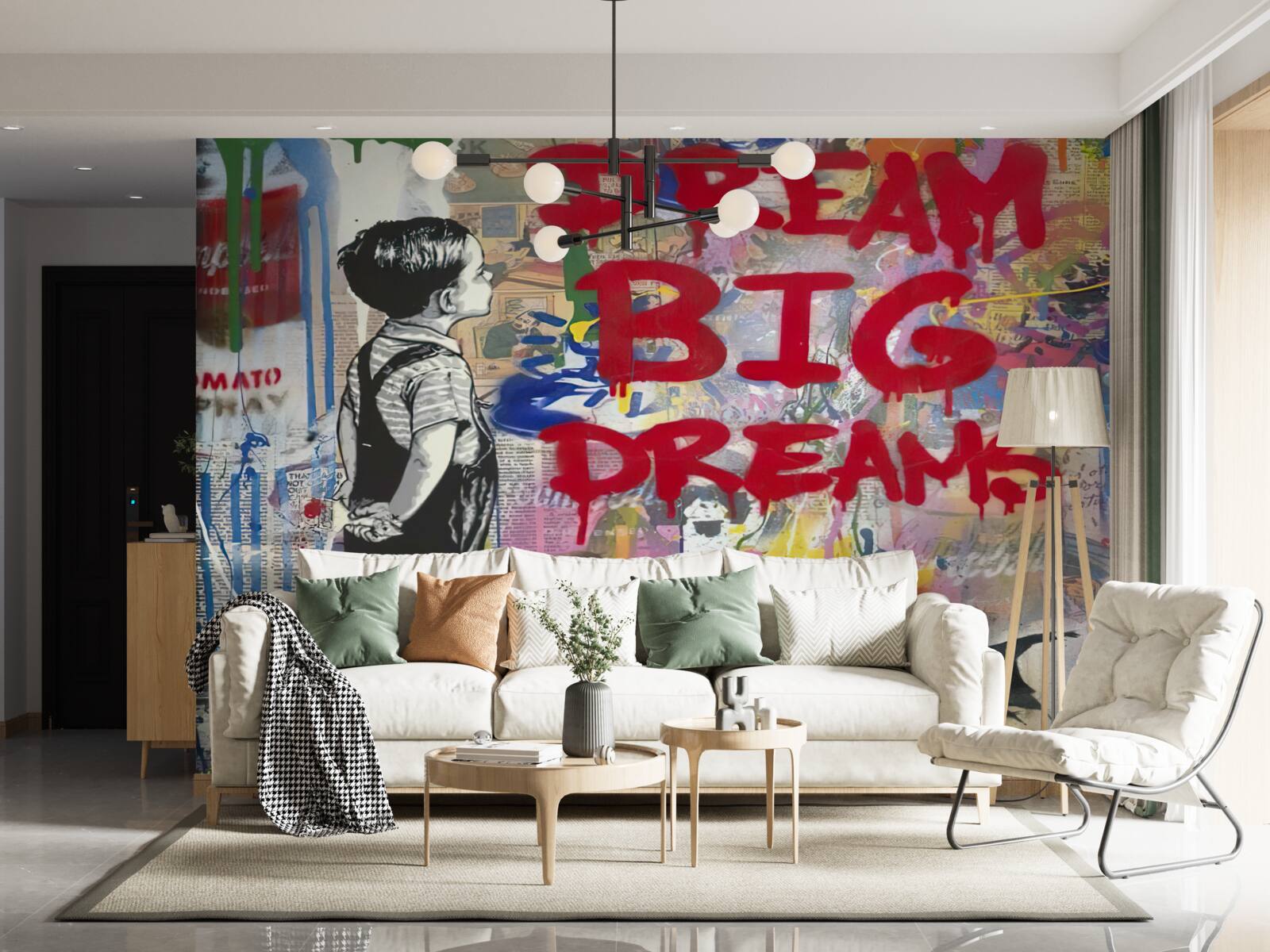 Fototapet un băiat observă peretele acoperit cu desene